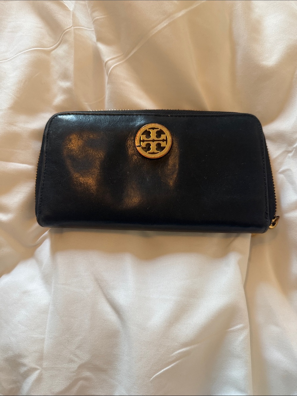 Tory Burch Black Leather Zip-Around Wallet with Gold Logo Medallion